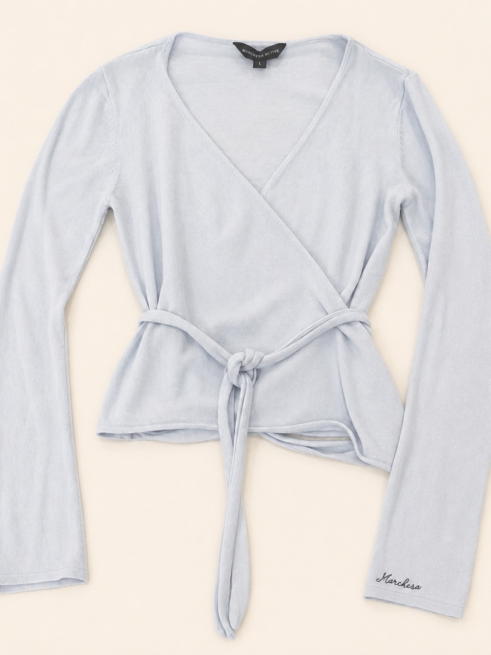 Marchesa Active Blue Knit Wrap Sweater Tie Waist L